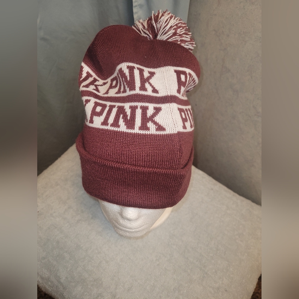 PINK by Victoria's Secret soft knit burgundy and white beanie. NWT.